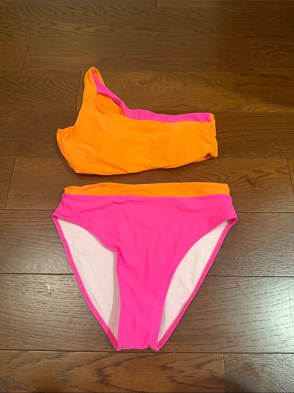 Neon One-Shoulder Bikini Set in Orange & Hot Pink